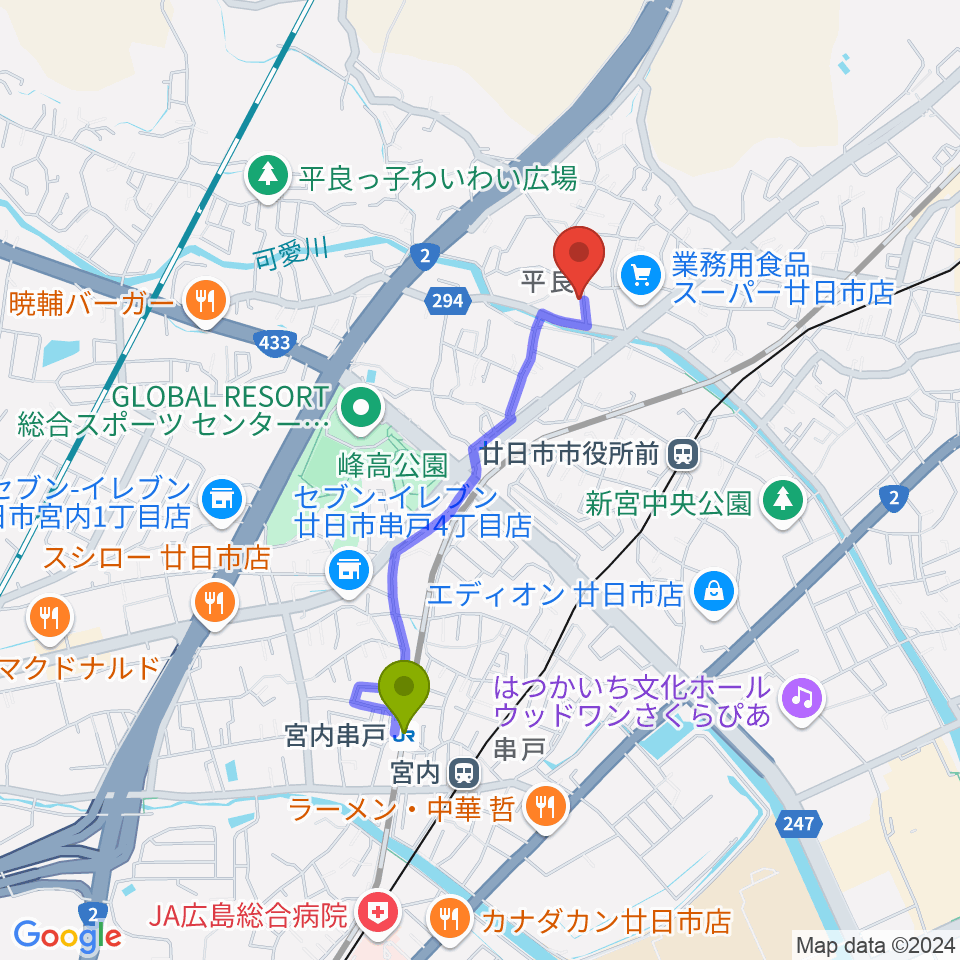 宮内串戸駅からおきむらリトミック・ピアノ教室へのルートマップ地図