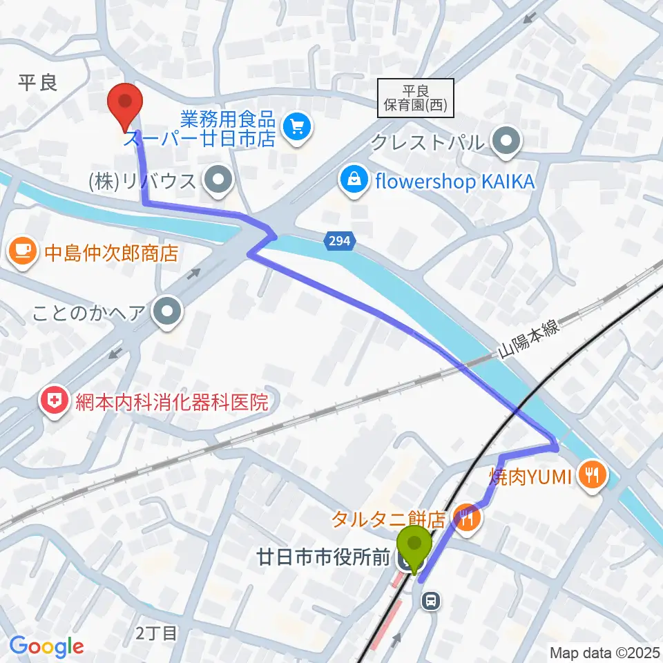 おきむらリトミック・ピアノ教室の最寄駅廿日市市役所前（平良）駅からの徒歩ルート（約6分）地図