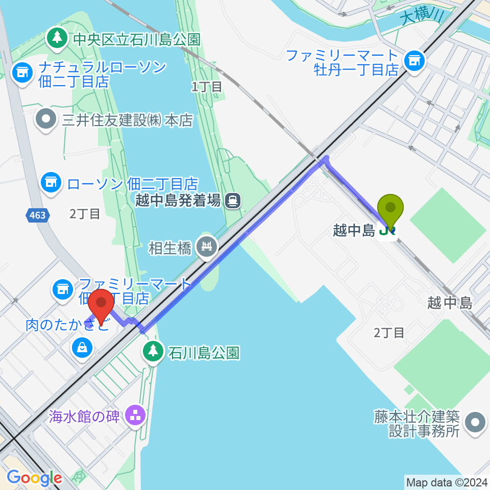 越中島駅から月島ピアノ＆リトミックへのルートマップ地図