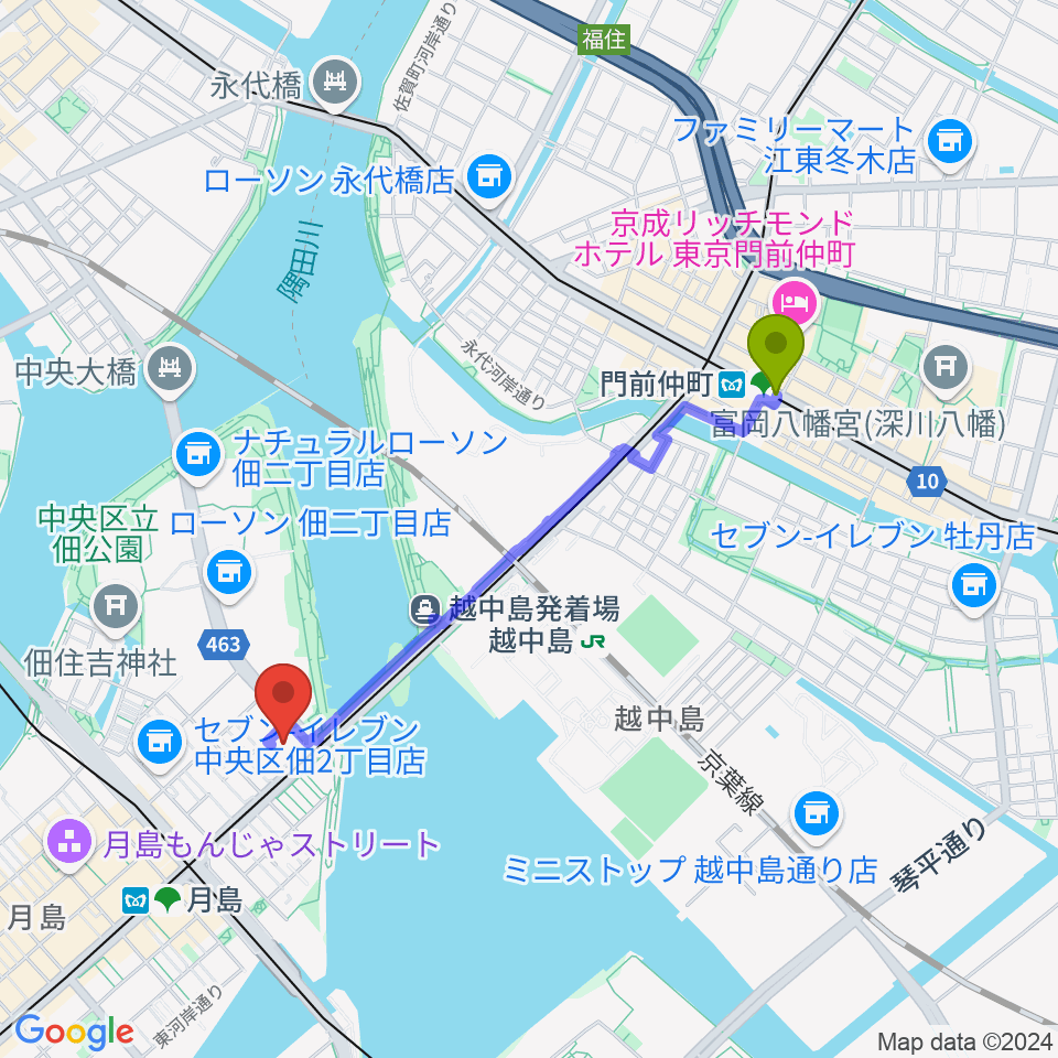 門前仲町駅から月島ピアノ＆リトミックへのルートマップ地図