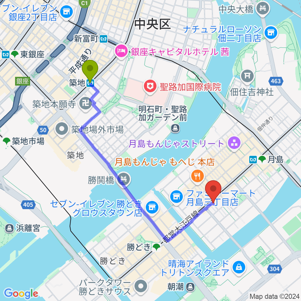 築地駅から月島リトミックダンススタジオG&Sへのルートマップ地図