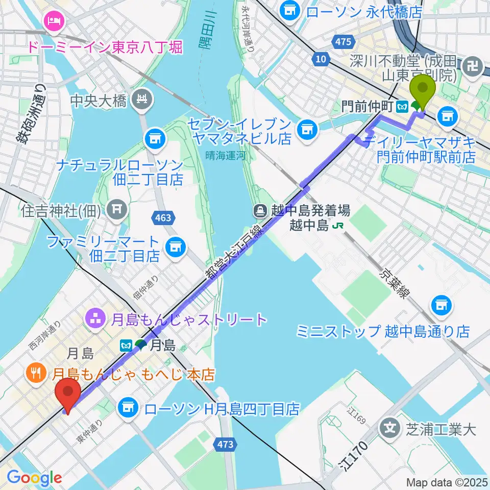 門前仲町駅から月島リトミックダンススタジオG&Sへのルートマップ地図