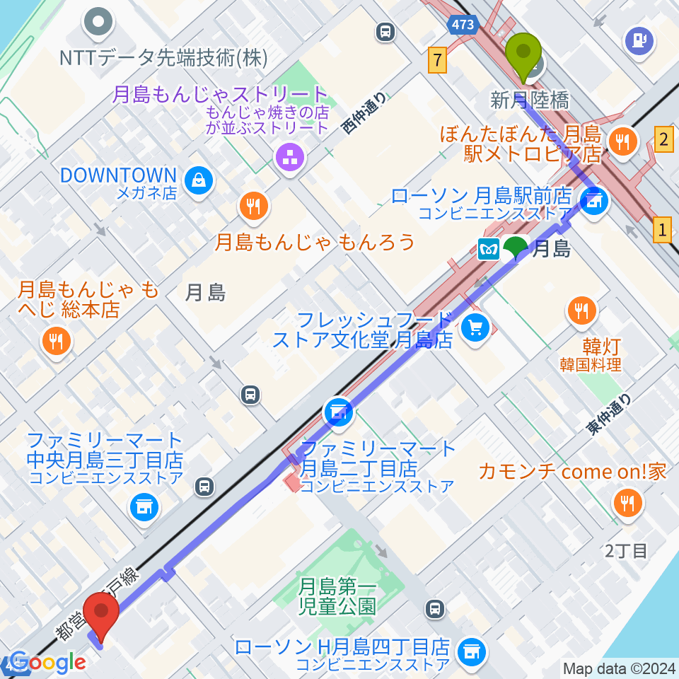 月島リトミックダンススタジオG&Sの最寄駅月島駅からの徒歩ルート（約8分）地図