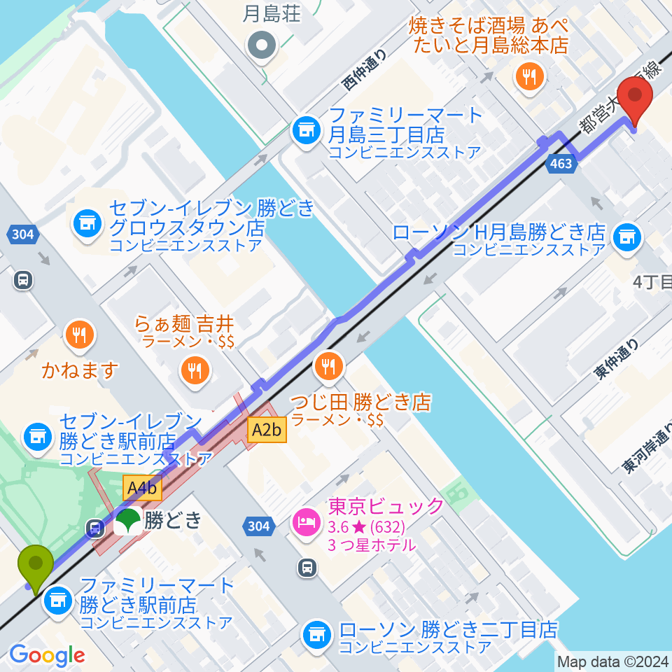 勝どき駅から月島リトミックダンススタジオG&Sへのルートマップ地図