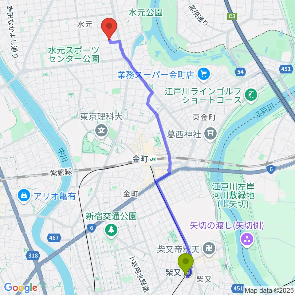 柴又駅から吉村ピアノ・リトミック教室へのルートマップ地図