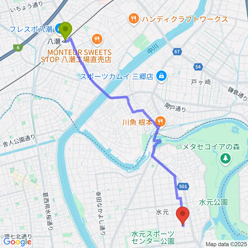 八潮駅から吉村ピアノ・リトミック教室へのルートマップ地図