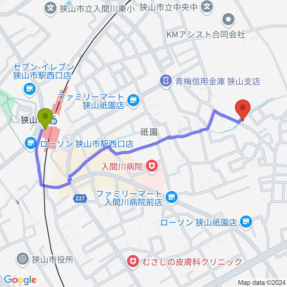 かなやま音楽アカデミーの最寄駅狭山市駅からの徒歩ルート（約11分）地図