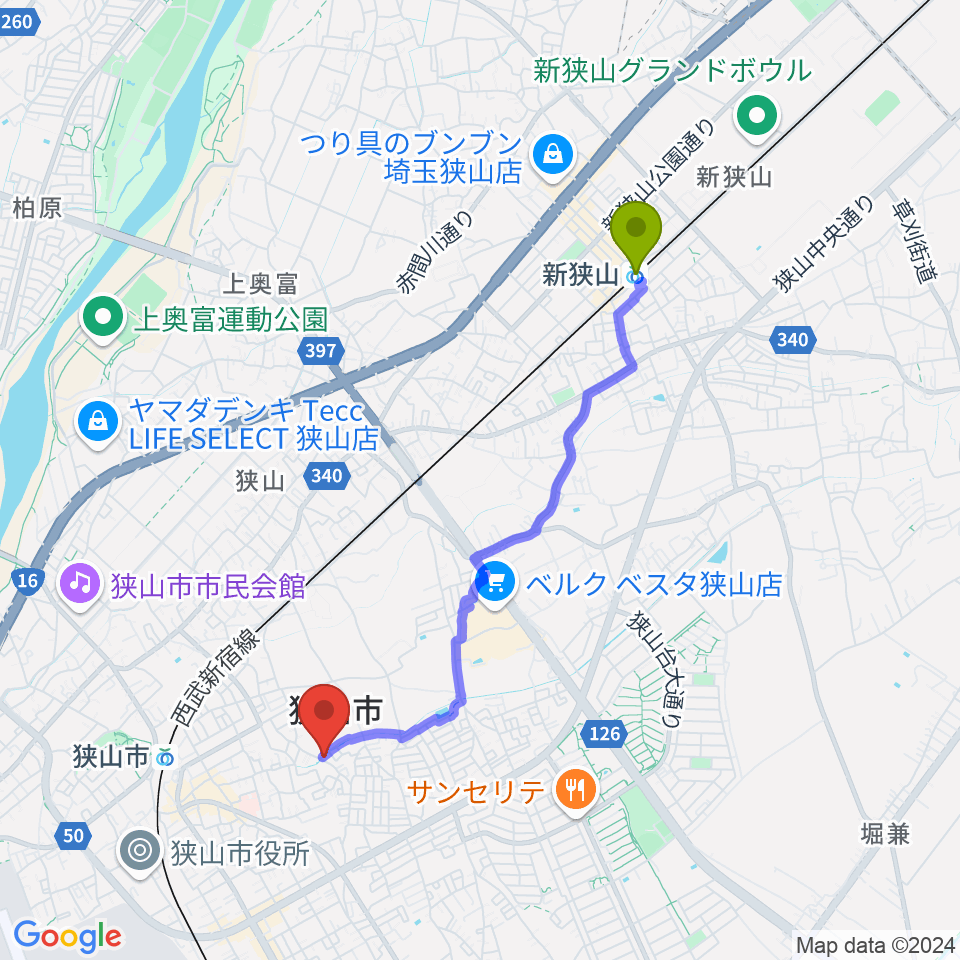 新狭山駅からかなやま音楽アカデミーへのルートマップ地図