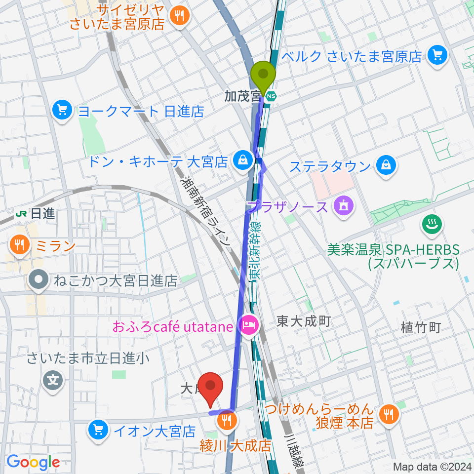 加茂宮駅からリトミックランドさいたま教室へのルートマップ地図