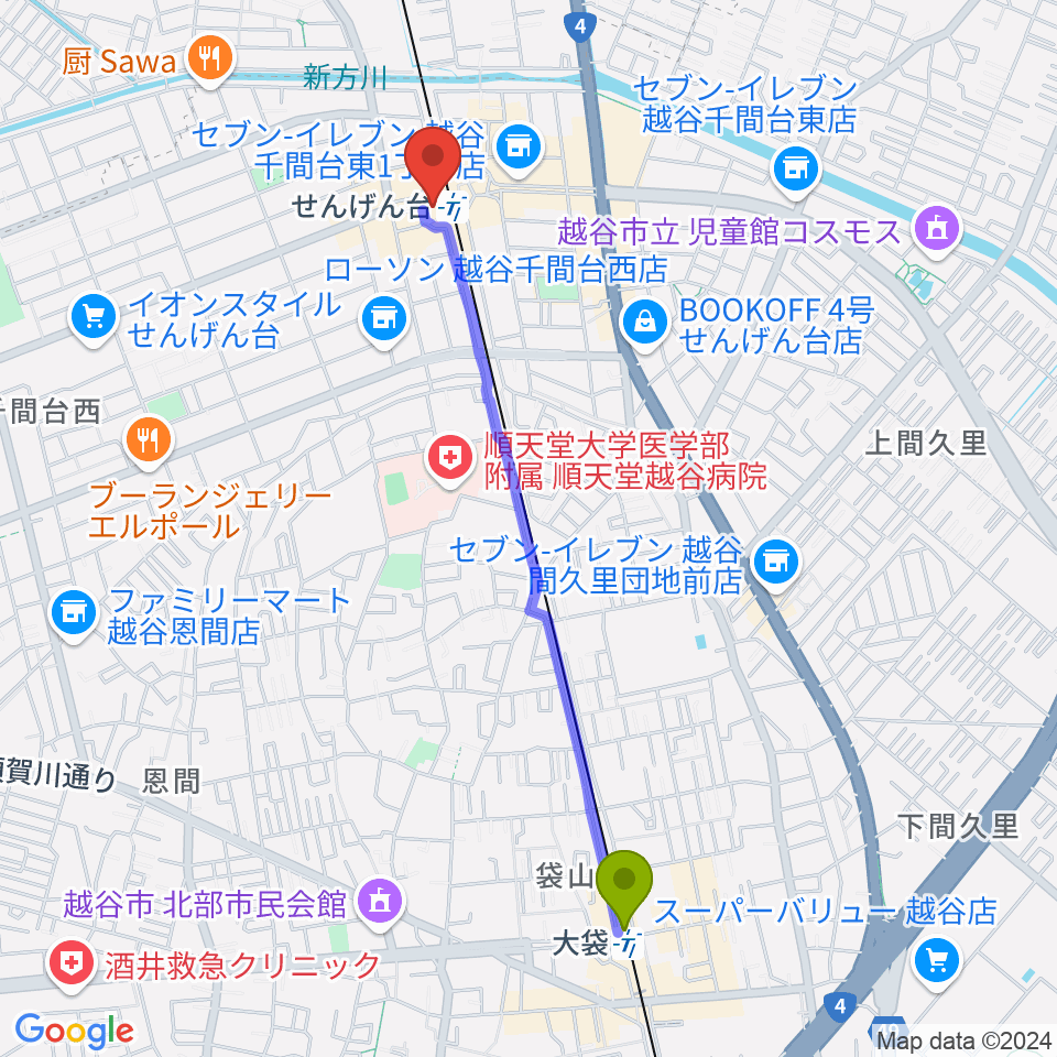 大袋駅からリトミックランドせんげん台教室へのルートマップ地図