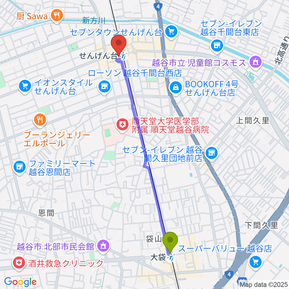 大袋駅からリトミックランドせんげん台教室へのルートマップ地図