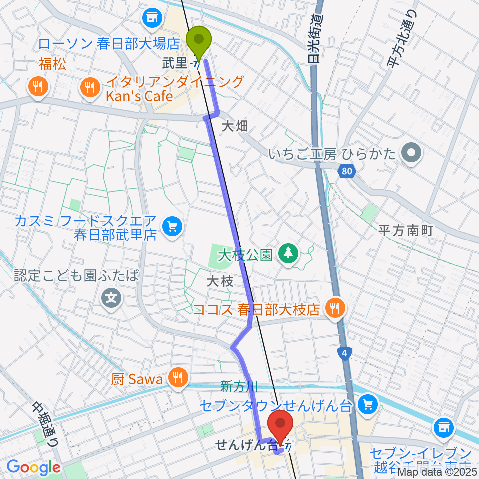 武里駅からリトミックランドせんげん台教室へのルートマップ地図