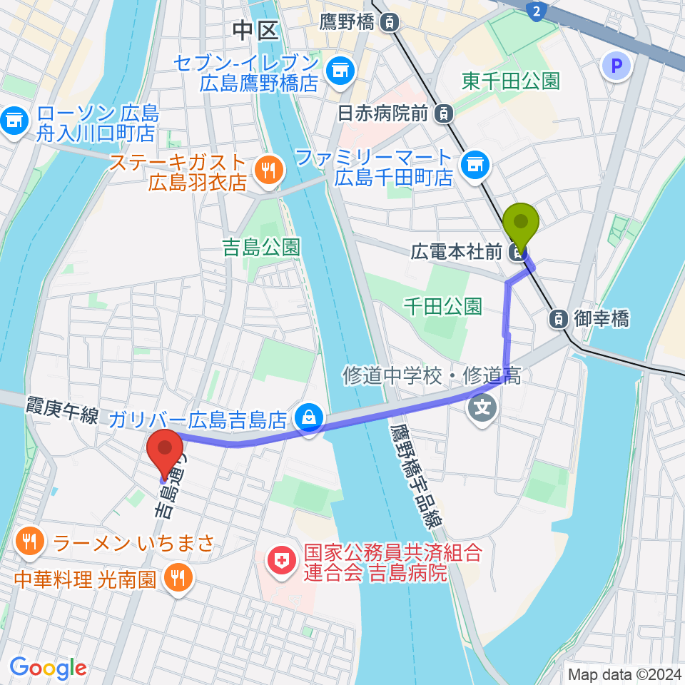 広電本社前駅からスタジオイマジンへのルートマップ地図