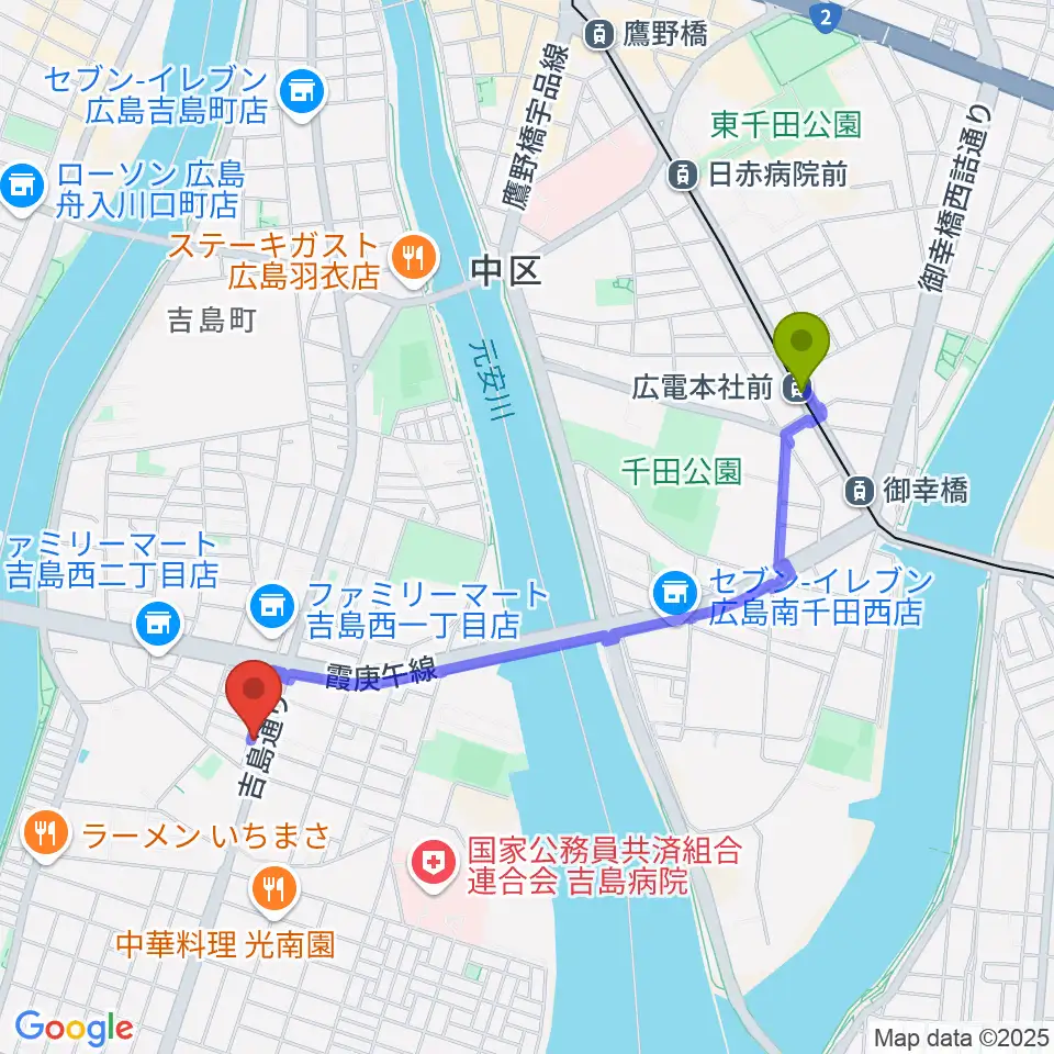 広電本社前駅からスタジオイマジンへのルートマップ地図