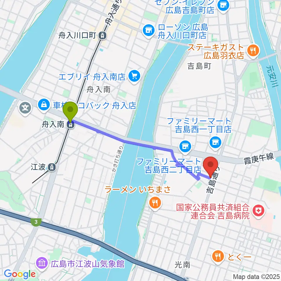 スタジオイマジンの最寄駅舟入南駅からの徒歩ルート（約17分）地図