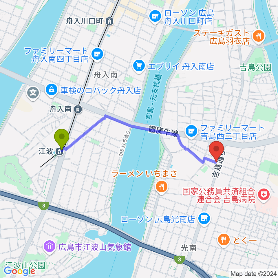 江波駅からスタジオイマジンへのルートマップ地図