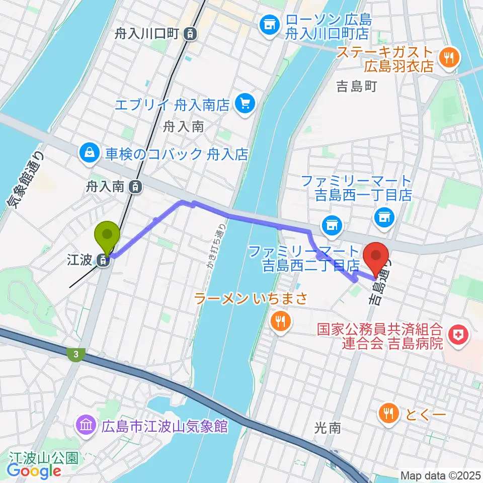 江波駅からスタジオイマジンへのルートマップ地図