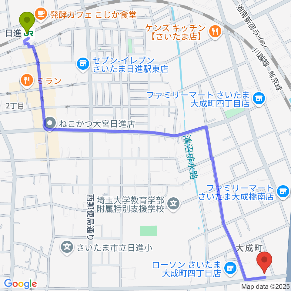 日進駅からユニオン楽器ピアノパワーセンターさいたま店へのルートマップ地図