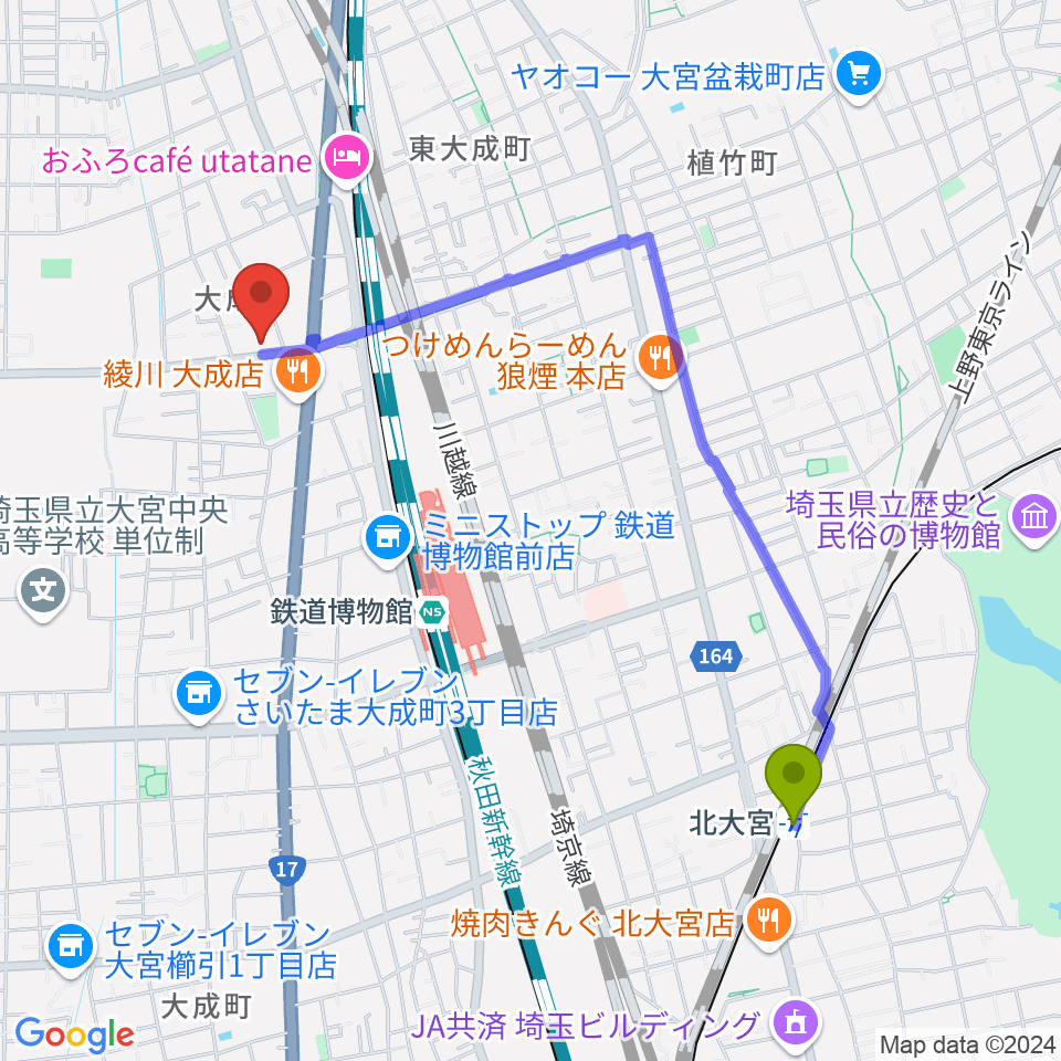 北大宮駅からユニオン楽器ピアノパワーセンターさいたま店へのルートマップ地図