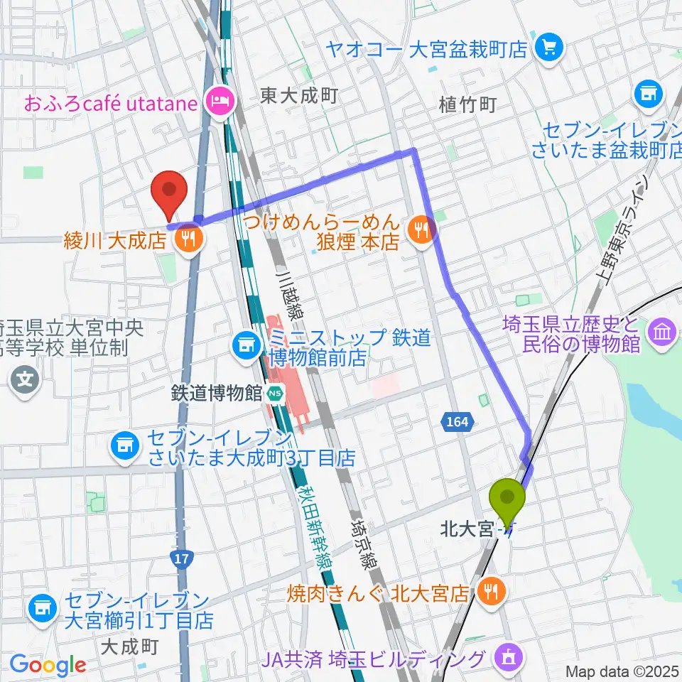 北大宮駅からユニオン楽器ピアノパワーセンターさいたま店へのルートマップ地図