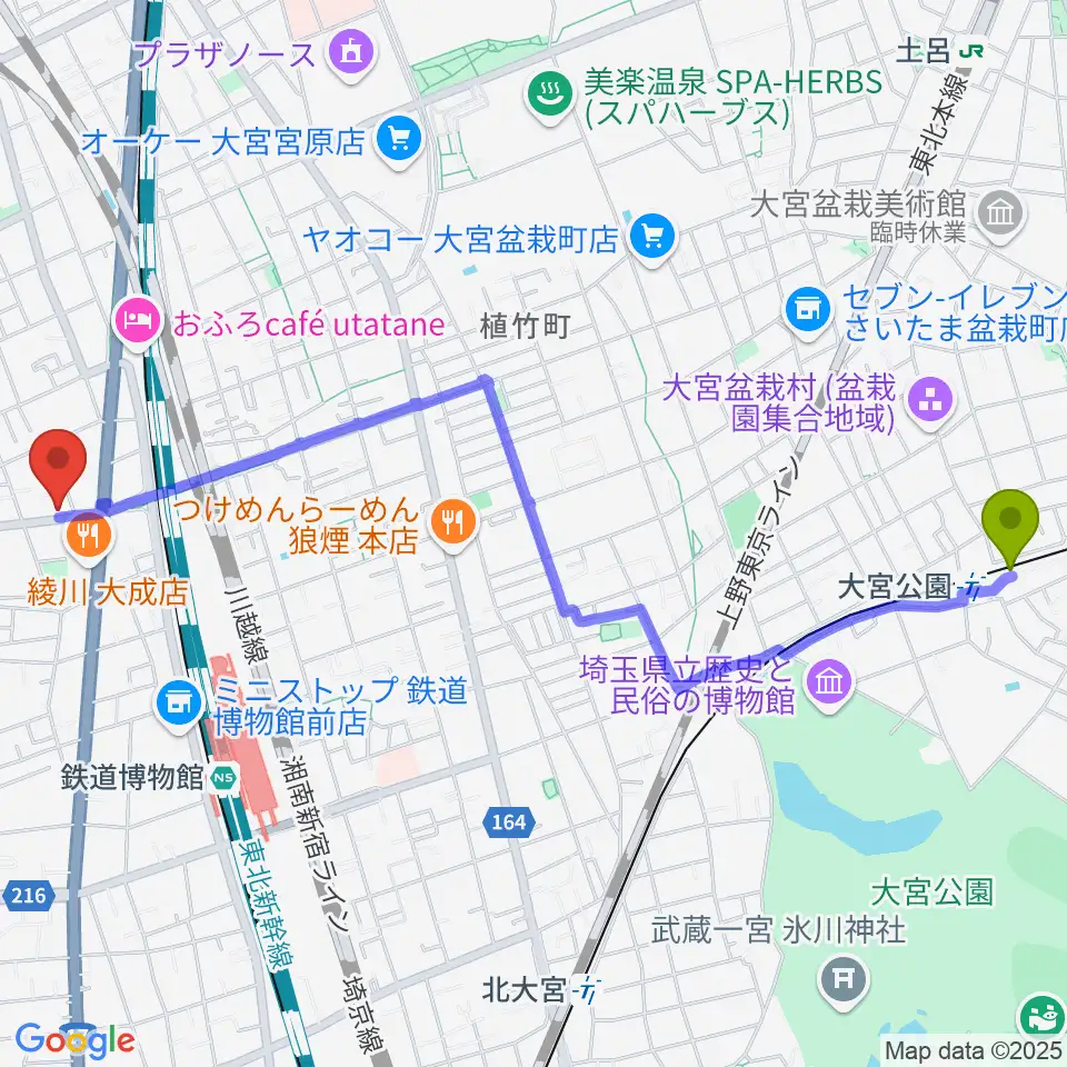 大宮公園駅からユニオン楽器ピアノパワーセンターさいたま店へのルートマップ地図