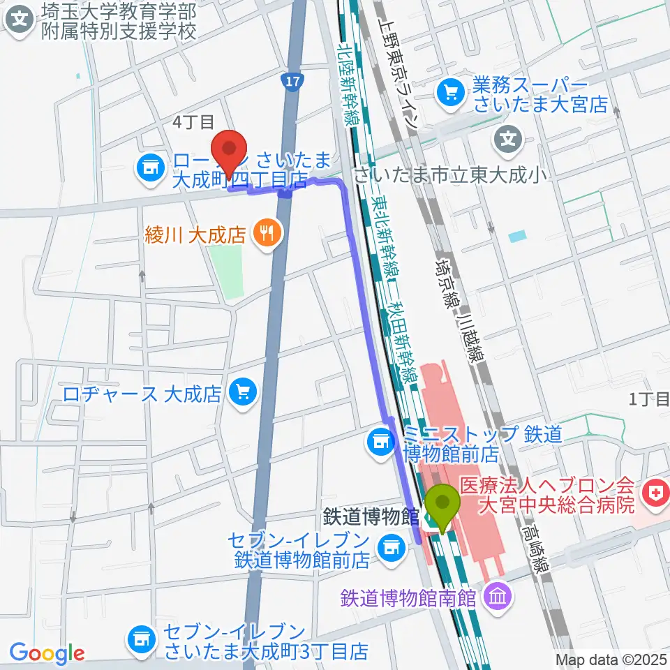 ユニオン楽器ピアノパワーセンターさいたま店の最寄駅鉄道博物館駅からの徒歩ルート（約10分）地図