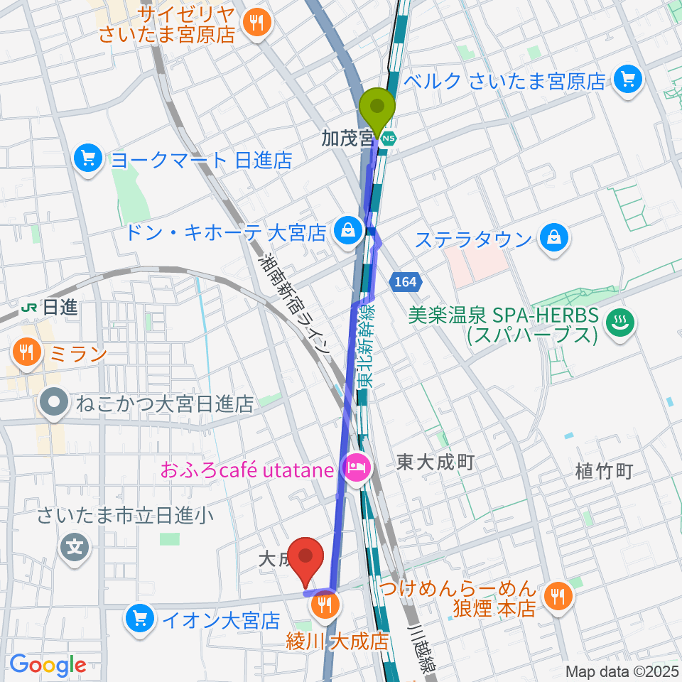 加茂宮駅からユニオン楽器ピアノパワーセンターさいたま店へのルートマップ地図