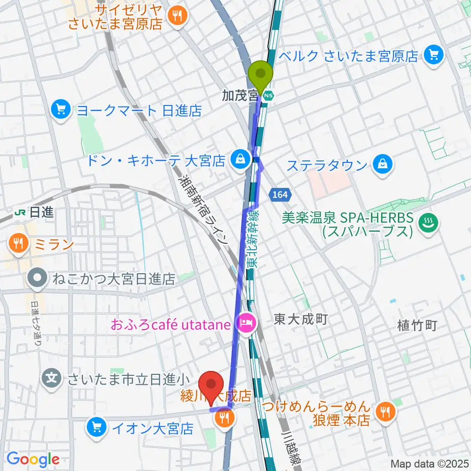 加茂宮駅からユニオン楽器ピアノパワーセンターさいたま店へのルートマップ地図