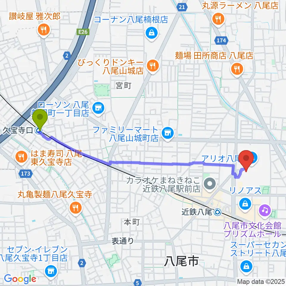 久宝寺口駅から小阪楽器店 アリオ八尾店へのルートマップ地図
