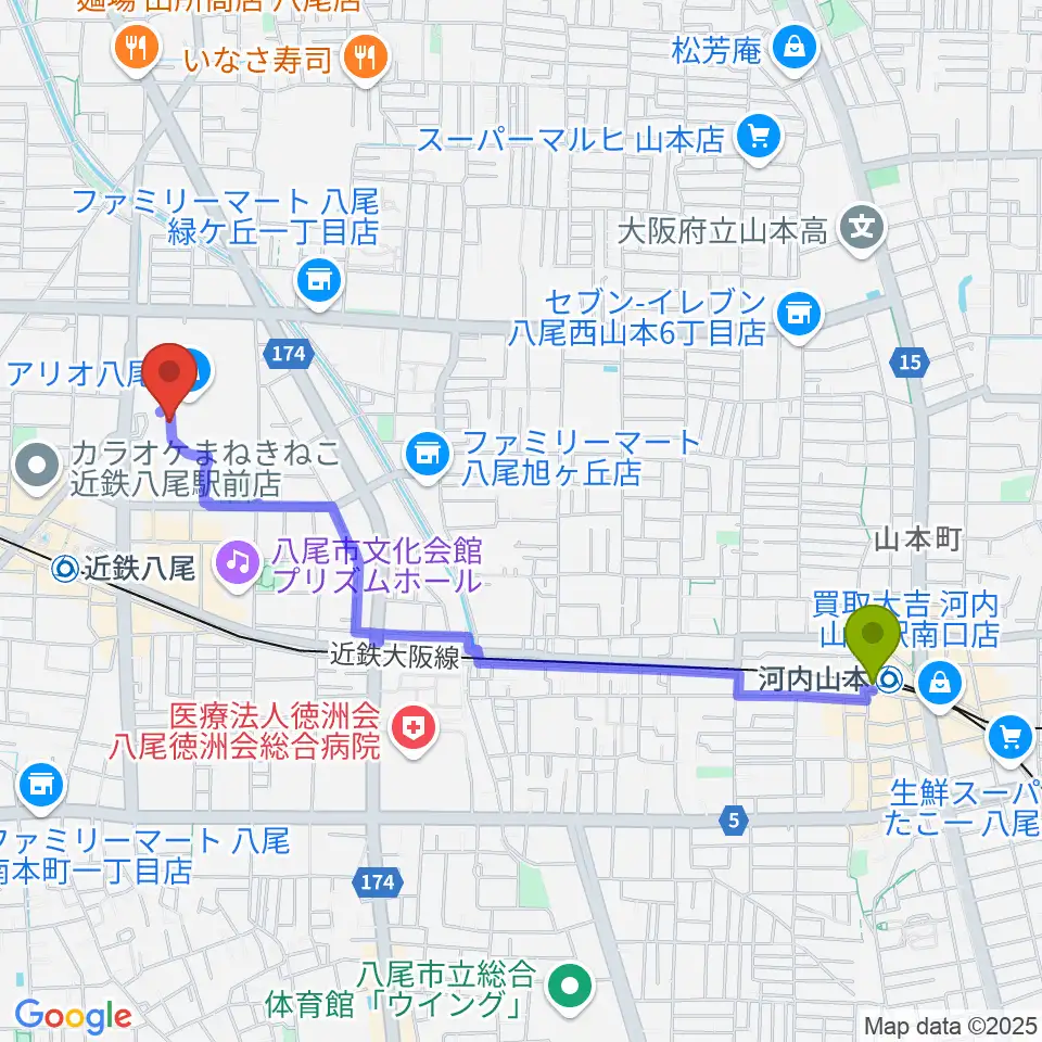 河内山本駅から小阪楽器店 アリオ八尾店へのルートマップ地図