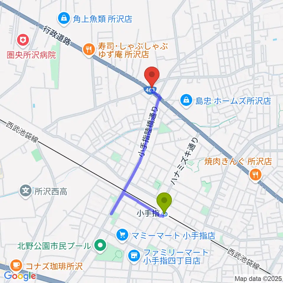 ピアノパワーセンター所沢店の最寄駅小手指駅からの徒歩ルート（約14分）地図