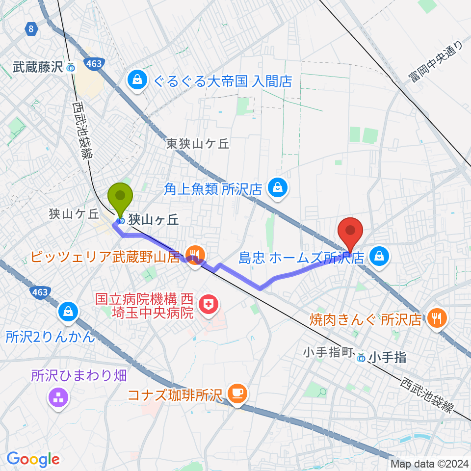 狭山ヶ丘駅からピアノパワーセンター所沢店へのルートマップ地図