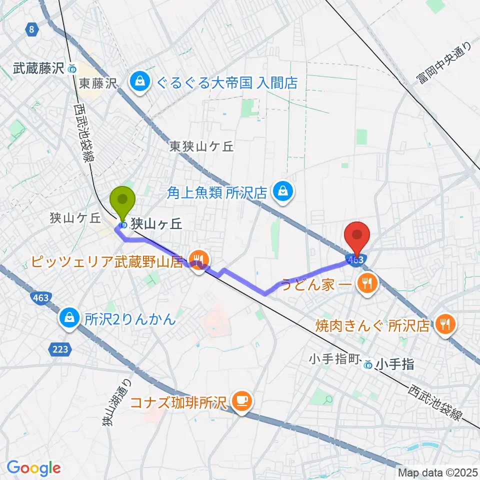 狭山ヶ丘駅からピアノパワーセンター所沢店へのルートマップ地図