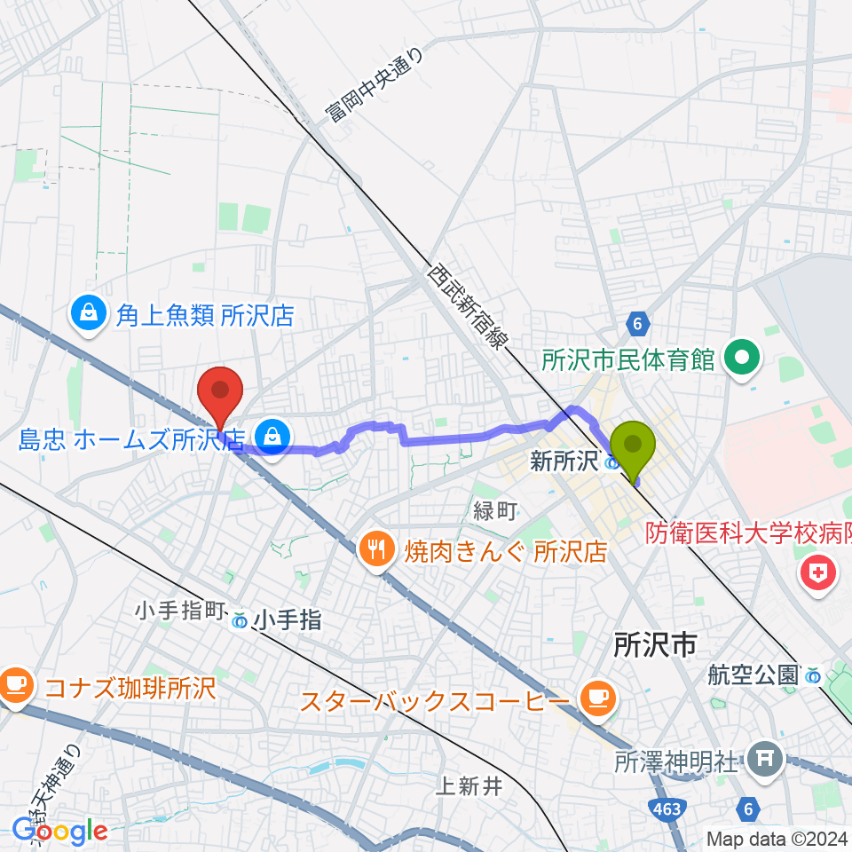 新所沢駅からピアノパワーセンター所沢店へのルートマップ地図