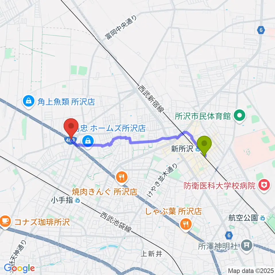 新所沢駅からピアノパワーセンター所沢店へのルートマップ地図
