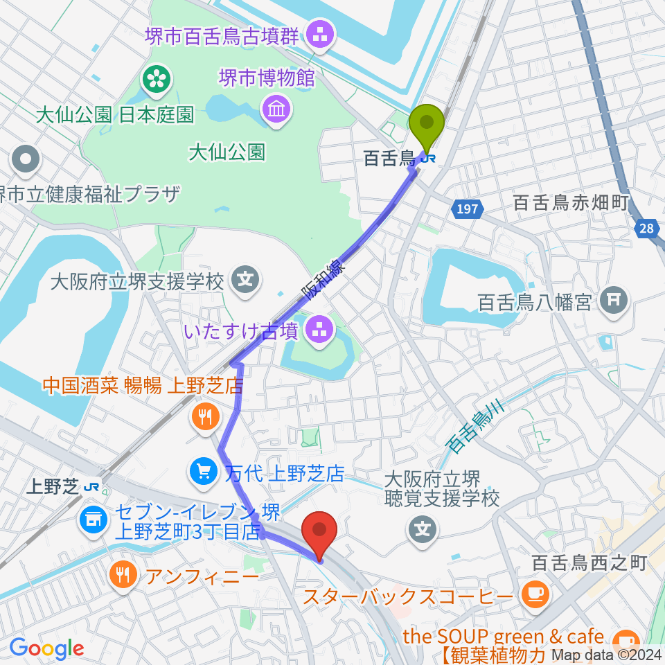 百舌鳥駅からFSアカデミー本校へのルートマップ地図