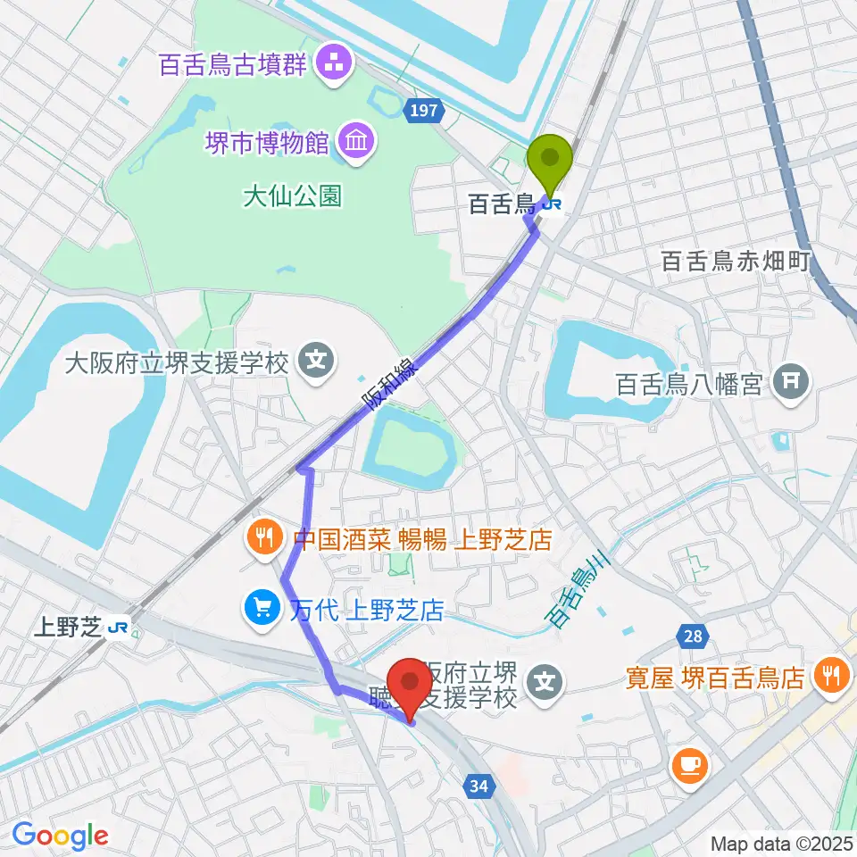 百舌鳥駅からFSアカデミー本校へのルートマップ地図
