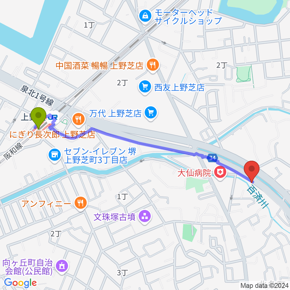 FSアカデミー本校の最寄駅上野芝駅からの徒歩ルート（約12分）地図