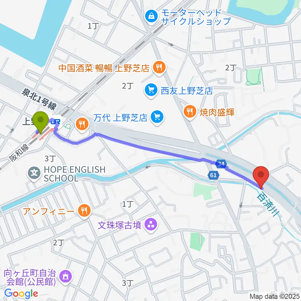 FSアカデミー本校の最寄駅上野芝駅からの徒歩ルート（約12分）地図