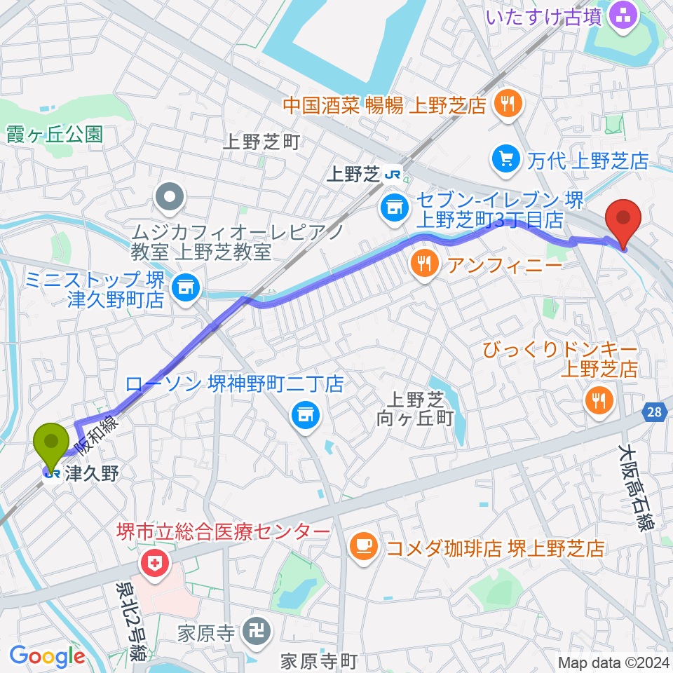 津久野駅からFSアカデミー本校へのルートマップ地図