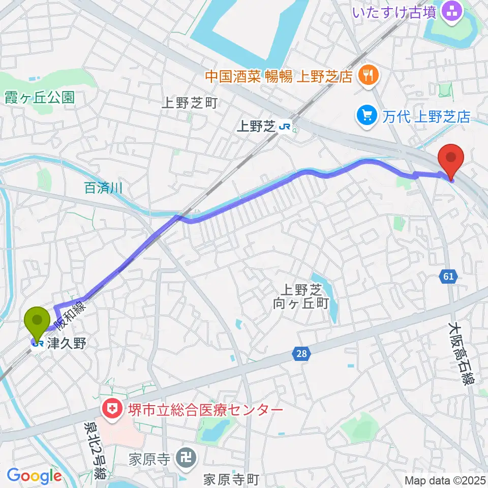 津久野駅からFSアカデミー本校へのルートマップ地図