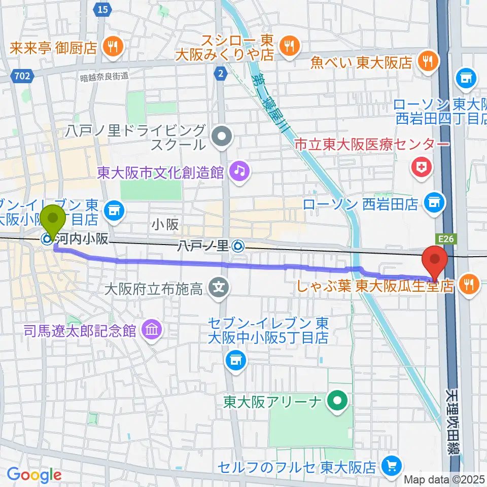 河内小阪駅から小阪楽器店 八戸ノ里店へのルートマップ地図