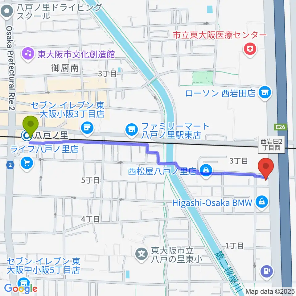 小阪楽器店 八戸ノ里店の最寄駅八戸ノ里駅からの徒歩ルート（約13分）地図