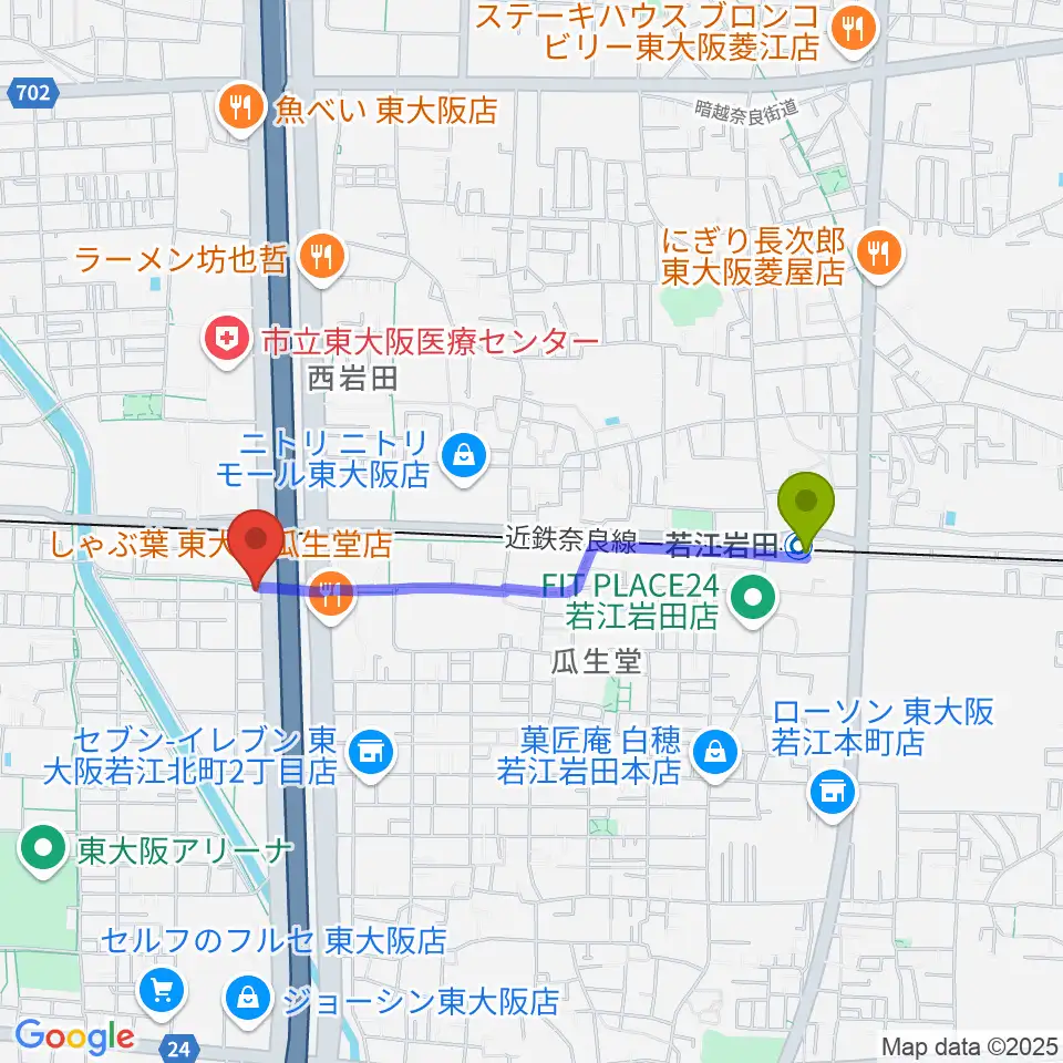 若江岩田駅から小阪楽器店 八戸ノ里店へのルートマップ地図