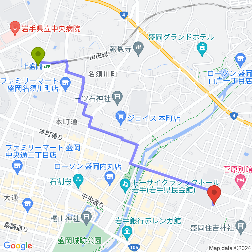 あみかピアノ・英語教室の最寄駅上盛岡駅からの徒歩ルート（約26分）地図