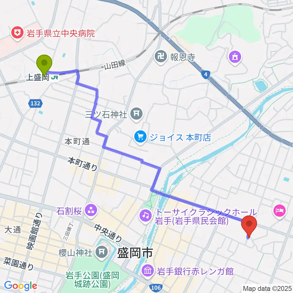 あみかピアノ・英語教室の最寄駅上盛岡駅からの徒歩ルート（約26分）地図