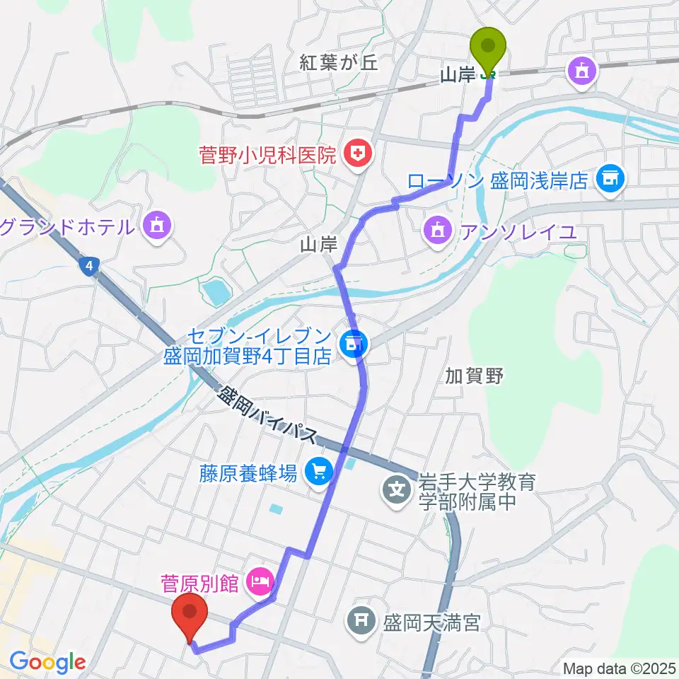 山岸駅からあみかピアノ・英語教室へのルートマップ地図