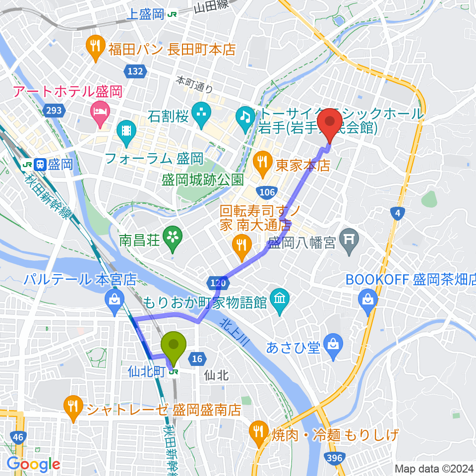 仙北町駅からあみかピアノ・英語教室へのルートマップ地図