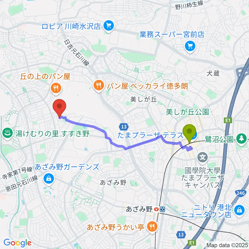 ラルゴピアノ教室の最寄駅たまプラーザ駅からの徒歩ルート（約33分）地図