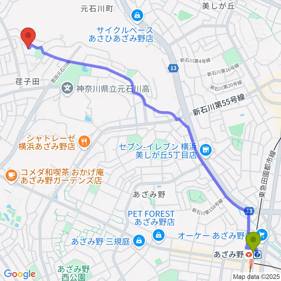 あざみ野駅からラルゴピアノ教室へのルートマップ地図